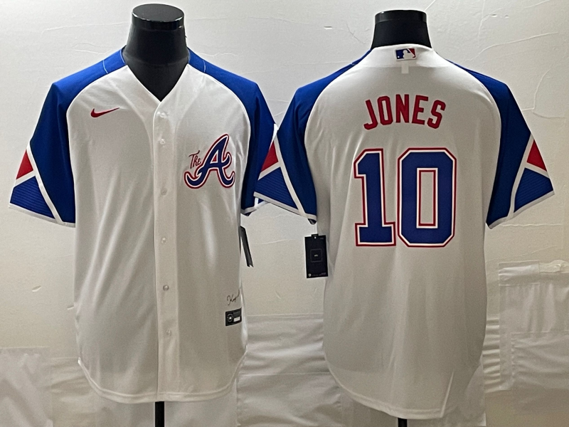 Men's Atlanta Braves #10 Chipper Jones White 2023 City Connect Cool Base Stitched Baseball Jersey